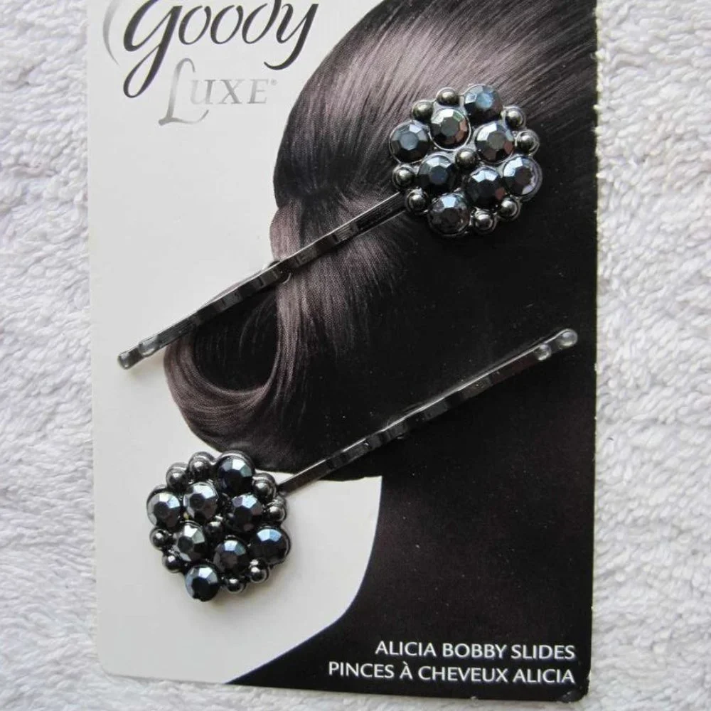 2 Goody Shiny Black Jewel Gem Round Design Metal Alicia Bobby Slide Hair Pins